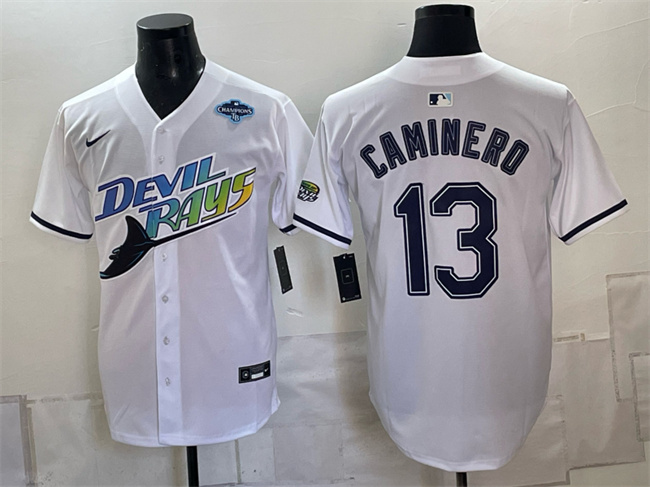 Men's White Tampa Bay Rays #13 Junior Caminero 2026 AL East Champions Patch Vapor Limited Stitched Baseball Jersey